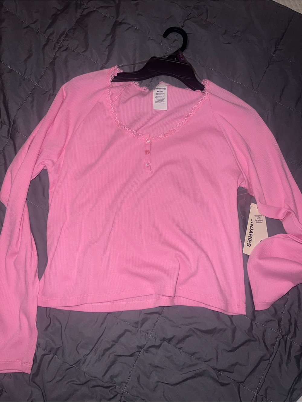 Pink Long Sleeve Henley Top with Lace Trim